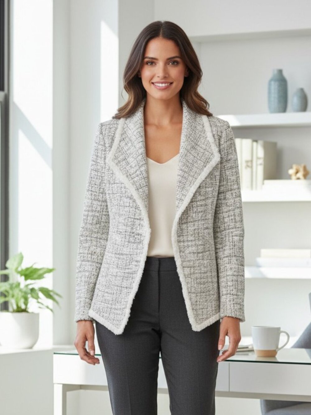 NWOT Club Monaco Tweed Waterfall Cardigan Cream Black Fringe Open Front S/P $198